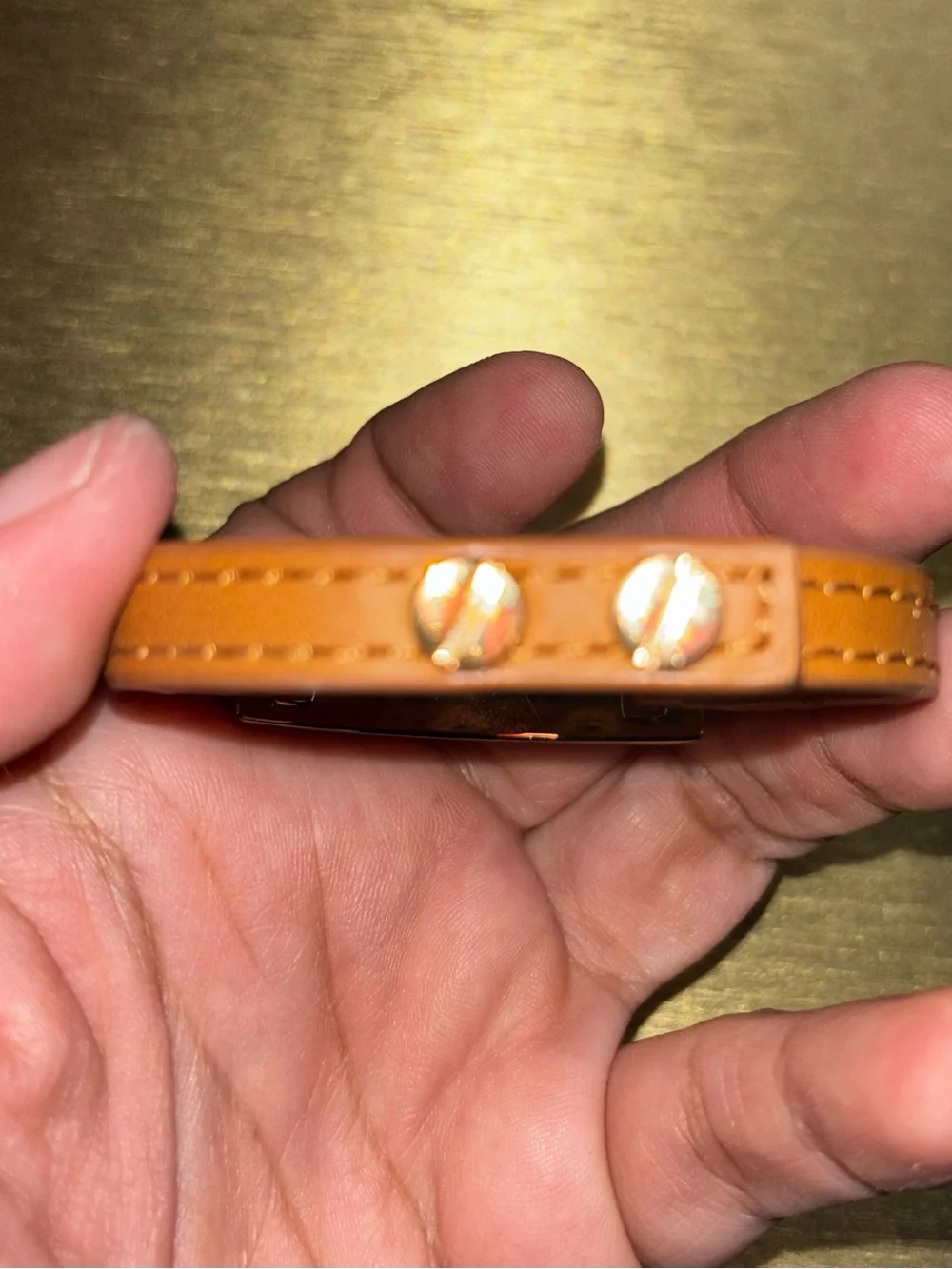Tory Burch Tan Leather Bracelet with Neon Green Enamel and Gold Logo